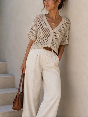 Splendid NOVA POINTELLE SHORT SLEEVE CARDIGAN Beige Size XL